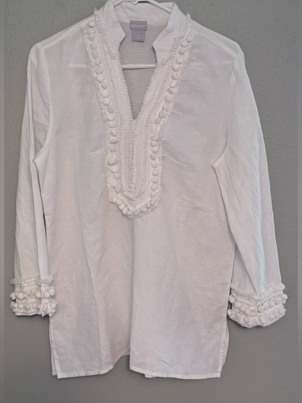 Chico's White Pom-Pom Trim Tunic